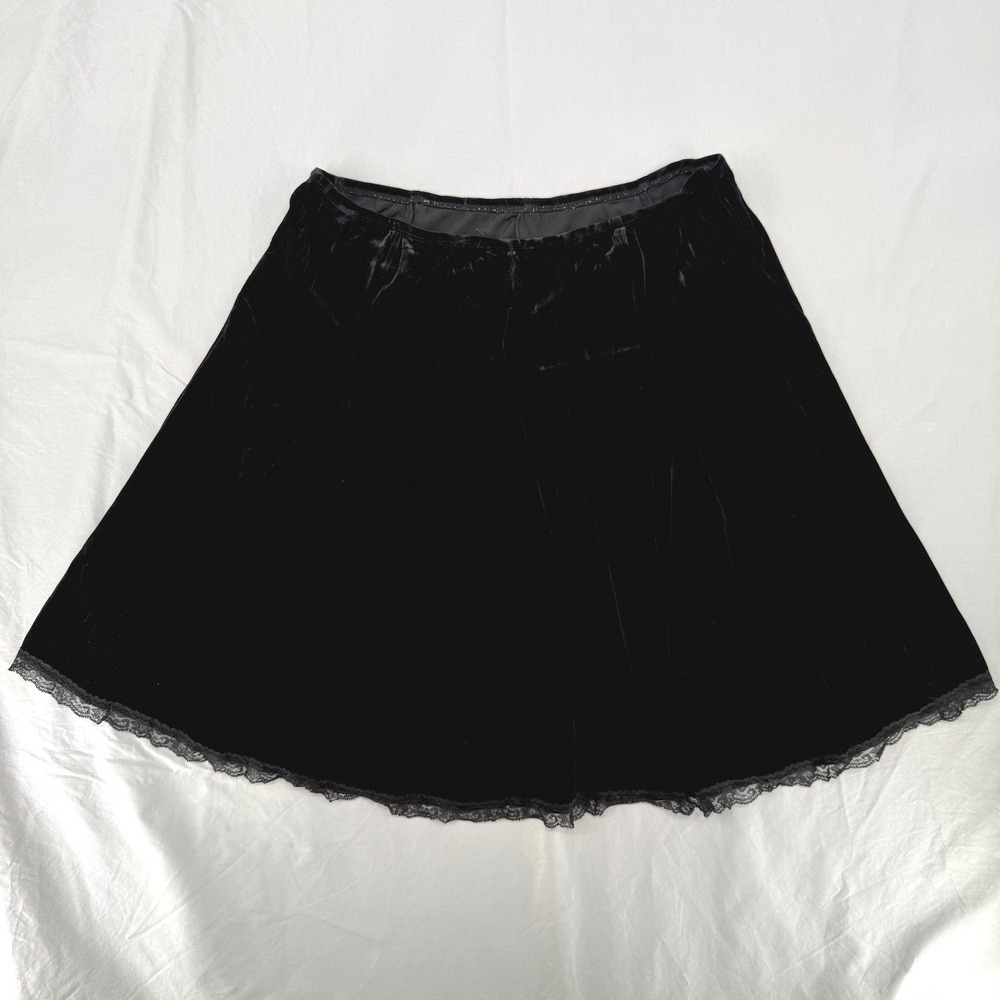 GNW Black Velvet Lace Trim Mini Skirt Elastic Waist A-Line Lined 90s Style Large